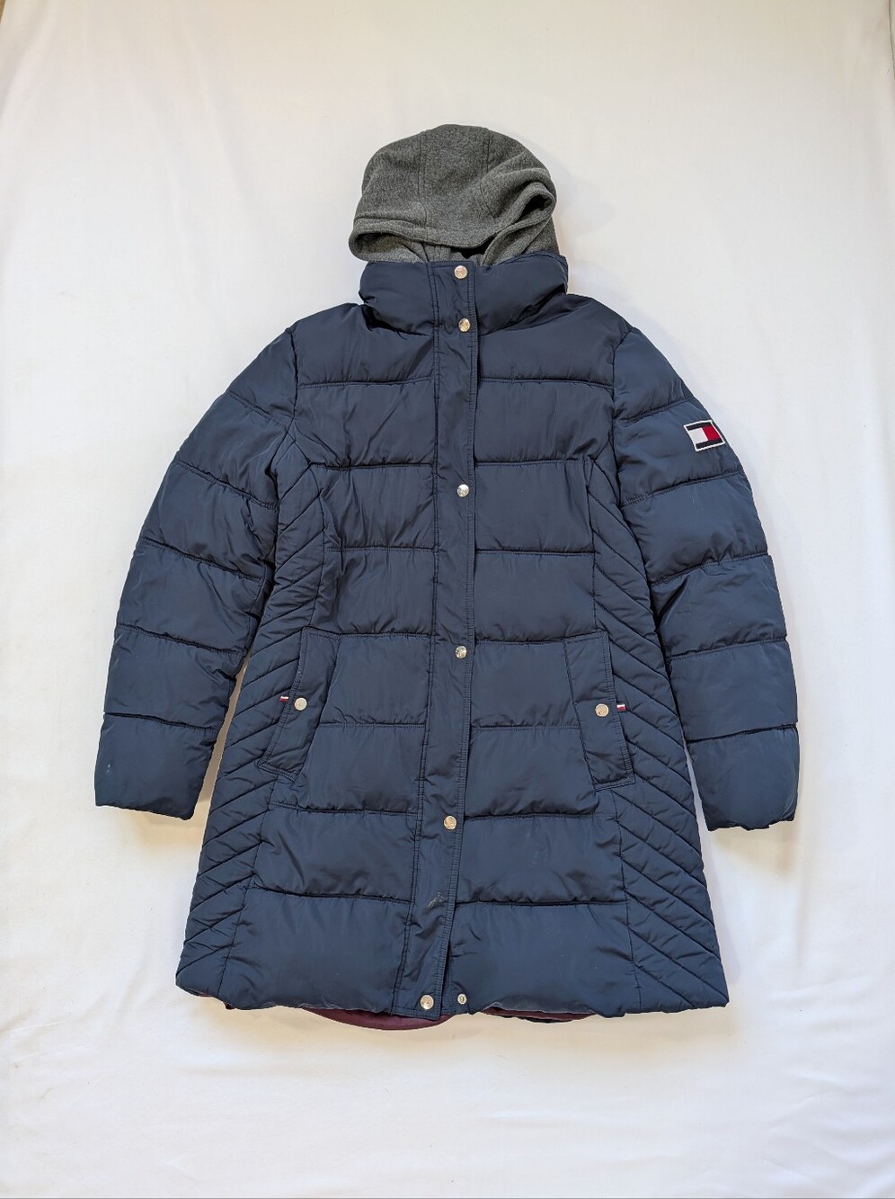 Tommy Hilfiger Womenโs Long Puffer Coat Size L Hooded Jacket Dark Blue
